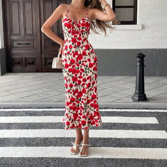 Red Boho Women's Elegant Floral Rose Print Sleeveless Dress - Picture 3 of 7